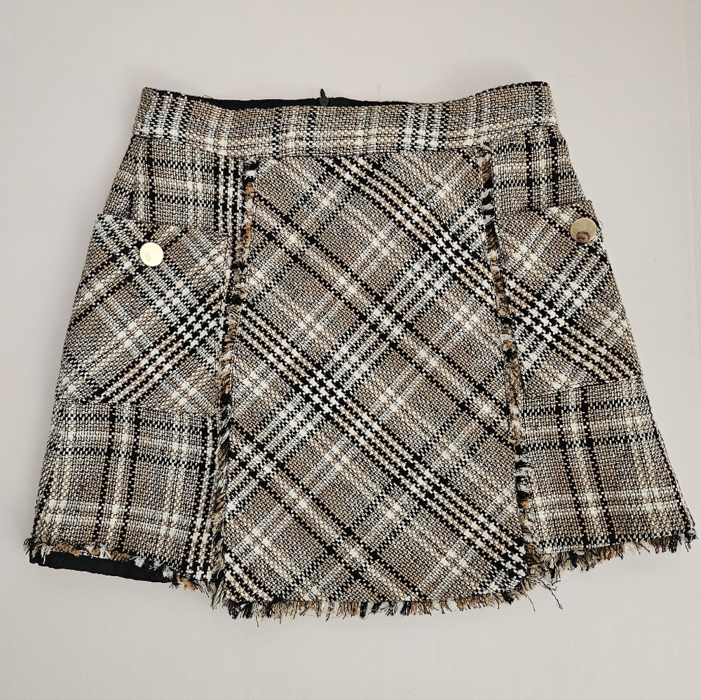 NWT ZARA Women's Tweed Plaid Mini Skirt Size M Fringe Y2K Preppy Edgy